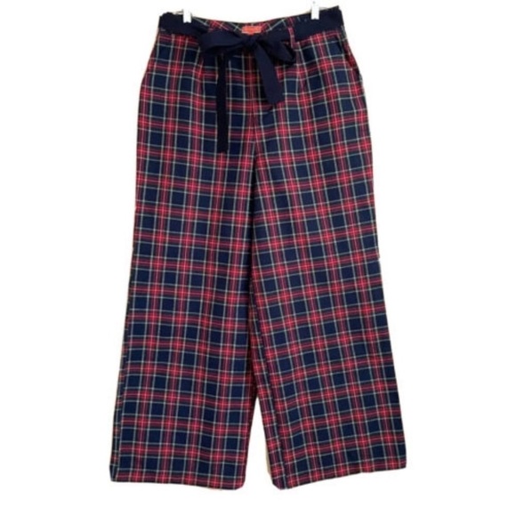 Modcloth Savannah Plaid Tartan Wide Leg Pant Trouser High Rise Holiday Belt Blue - Picture 3 of 11